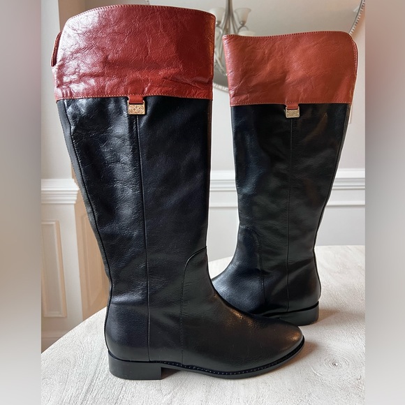 Cole Haan Two-Tone Knee High Leather Riding Boots Women’s Size 7.5 Black / Brown - Picture 1 of 12